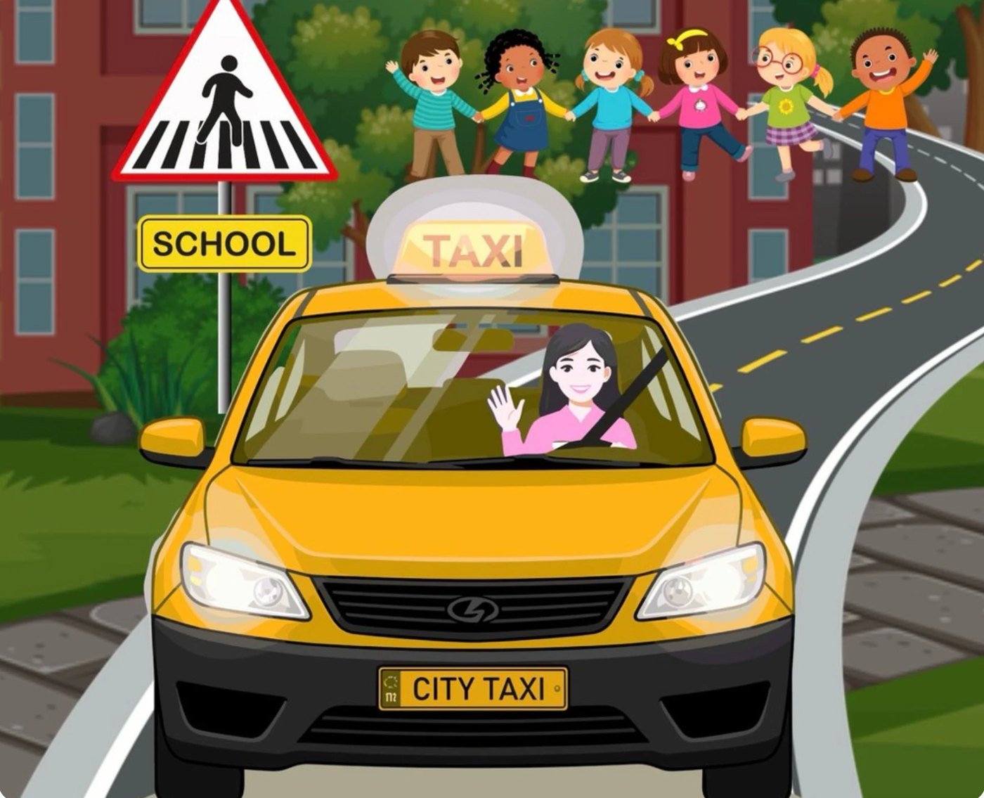Ofsted registered school run taxi in Leeds — a smiling driver waving from a yellow taxi outside a school, with children waiting by the crossing